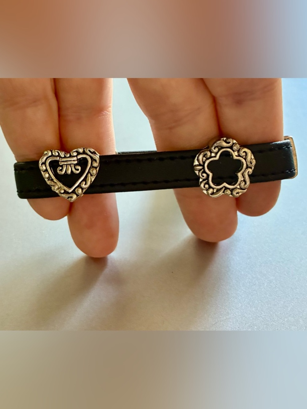 🦋🩶⭐️ 3 Charm Silver Tone on Black Faux Leather Bracelet by Cookie Lee